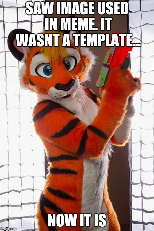 furry with nerf | SAW IMAGE USED IN MEME. IT WASNT A TEMPLATE... NOW IT IS | image tagged in furry with nerf,furry,furries,funny meme | made w/ Imgflip meme maker