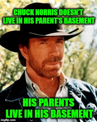 Successful Chuck | CHUCK NORRIS DOESN'T LIVE IN HIS PARENT'S BASEMENT; HIS PARENTS LIVE IN HIS BASEMENT | image tagged in memes,chuck norris,chuck,funny memes,basement,basement dweller | made w/ Imgflip meme maker
