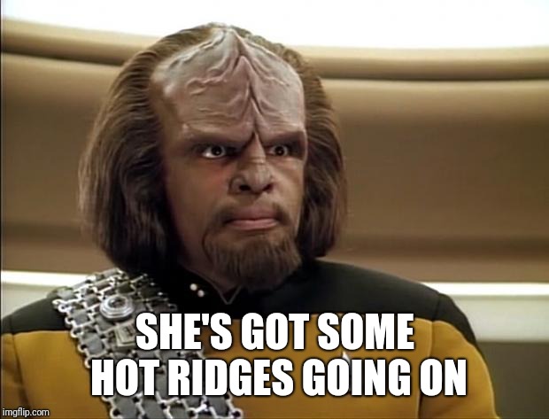 Worf | SHE'S GOT SOME HOT RIDGES GOING ON | image tagged in worf | made w/ Imgflip meme maker