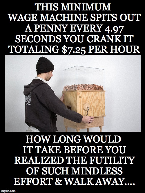 Futility in ~ Motion ~ | THIS MINIMUM WAGE MACHINE SPITS OUT A PENNY EVERY 4.97 SECONDS YOU CRANK IT TOTALING $7.25 PER HOUR; HOW LONG WOULD IT TAKE BEFORE YOU REALIZED THE FUTILITY OF SUCH MINDLESS EFFORT & WALK AWAY.... | image tagged in minimum wage,machine,crank,income inequality,wealth disparity | made w/ Imgflip meme maker