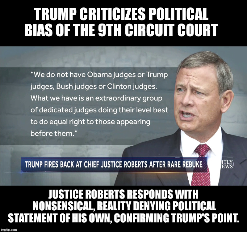 Trump On The San Francisco 9th Circuit Court | TRUMP CRITICIZES POLITICAL BIAS OF THE 9TH CIRCUIT COURT; JUSTICE ROBERTS RESPONDS WITH NONSENSICAL, REALITY DENYING POLITICAL STATEMENT OF HIS OWN, CONFIRMING TRUMP'S POINT. | image tagged in trump,chief justice roberts,judicial activism,bush - clinton - obama - trump - judges | made w/ Imgflip meme maker