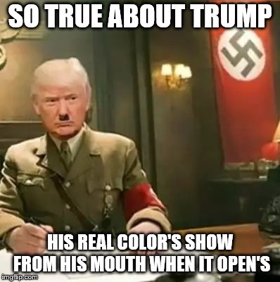 trump show's his true color' | SO TRUE ABOUT TRUMP; HIS REAL COLOR'S SHOW FROM HIS MOUTH WHEN IT OPEN'S | image tagged in donald trump hitler,trump,president trump,donald trump,bad pun trump | made w/ Imgflip meme maker