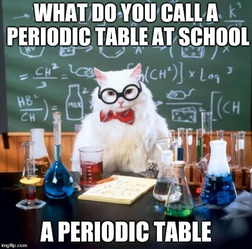 Chemistry Cat | WHAT DO YOU CALL A PERIODIC TABLE AT SCHOOL; A PERIODIC TABLE | image tagged in memes,chemistry cat | made w/ Imgflip meme maker