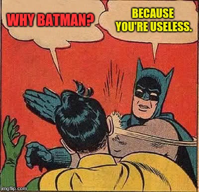 Batman Slapping Robin | WHY BATMAN? BECAUSE YOU'RE USELESS. | image tagged in memes,batman slapping robin | made w/ Imgflip meme maker