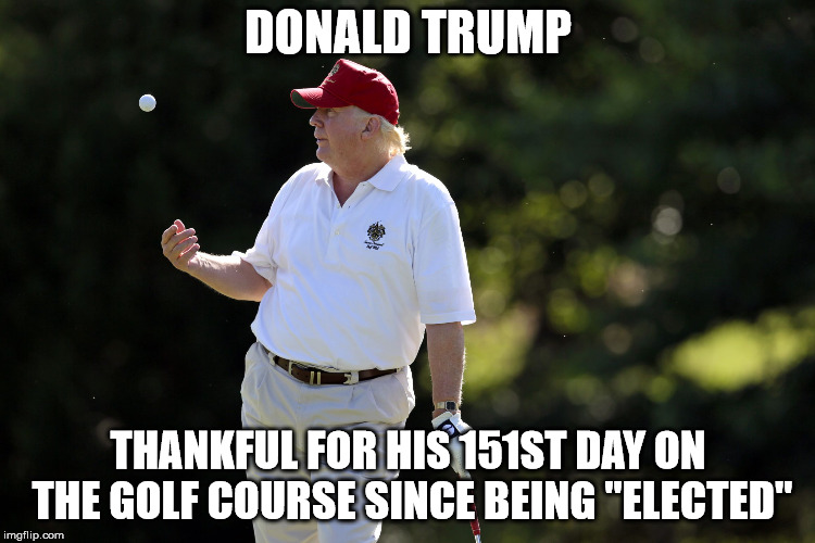Donald Trump playing golf | DONALD TRUMP; THANKFUL FOR HIS 151ST DAY ON THE GOLF COURSE SINCE BEING "ELECTED" | image tagged in donald trump playing golf | made w/ Imgflip meme maker