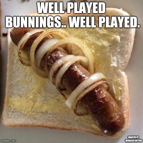WELL PLAYED BUNNINGS.. WELL PLAYED. CREATED BY NICHOLAS ORTYAN | image tagged in bunnings non slip onion | made w/ Imgflip meme maker
