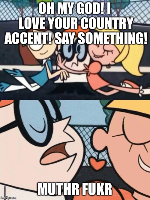 I Love Your Accent | OH MY GOD! I LOVE YOUR COUNTRY ACCENT! SAY SOMETHING! MUTHR FUKR | image tagged in i love your accent | made w/ Imgflip meme maker