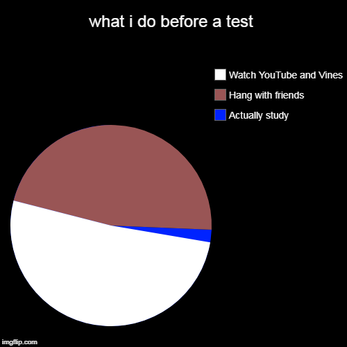 what i do before a test | Actually study, Hang with friends, Watch YouTube and Vines | image tagged in funny,pie charts | made w/ Imgflip chart maker
