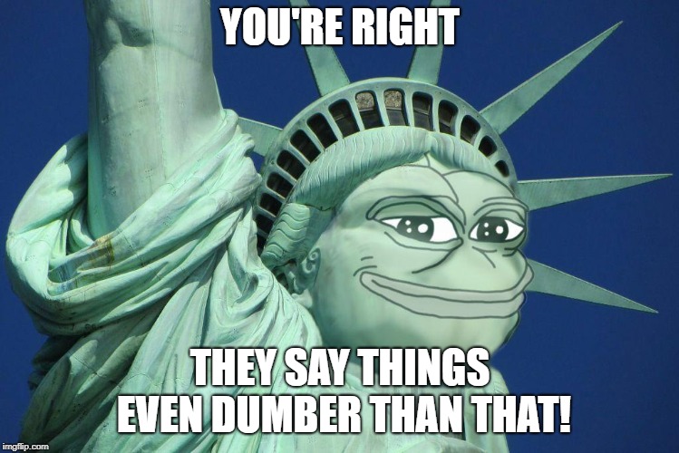 Pepe the symbol of liberty | YOU'RE RIGHT THEY SAY THINGS EVEN DUMBER THAN THAT! | image tagged in pepe the symbol of liberty | made w/ Imgflip meme maker