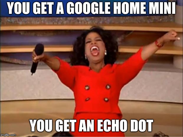 Oprah You Get A Meme | YOU GET A GOOGLE HOME MINI; YOU GET AN ECHO DOT | image tagged in memes,oprah you get a,AdviceAnimals | made w/ Imgflip meme maker