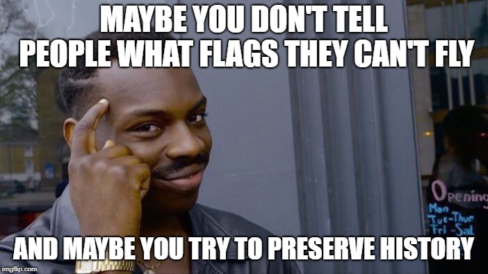 Roll Safe Think About It Meme | MAYBE YOU DON'T TELL PEOPLE WHAT FLAGS THEY CAN'T FLY AND MAYBE YOU TRY TO PRESERVE HISTORY | image tagged in memes,roll safe think about it | made w/ Imgflip meme maker