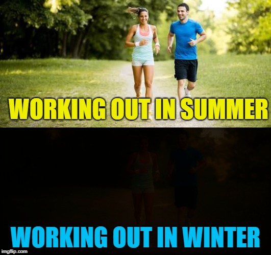 "So much for exercising. Now where is that leftover pie?" | WORKING OUT IN SUMMER; WORKING OUT IN WINTER | image tagged in jogging,working out,seasons | made w/ Imgflip meme maker