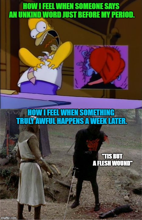 Stupid Hormones | HOW I FEEL WHEN SOMEONE SAYS AN UNKIND WORD JUST BEFORE MY PERIOD. HOW I FEEL WHEN SOMETHING TRULY AWFUL HAPPENS A WEEK LATER. "TIS BUT A FLESH WOUND" | image tagged in flesh wound,homer heart attack,monty python,pms,hormones | made w/ Imgflip meme maker