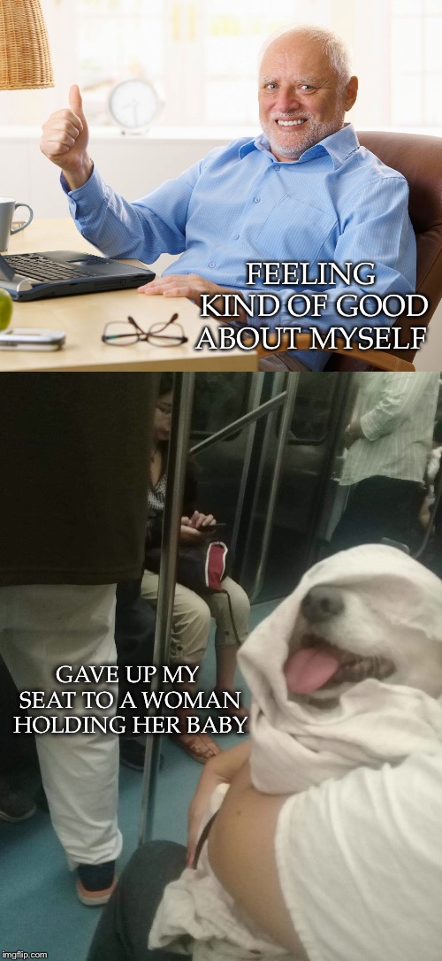Not Always What They Seem | FEELING KIND OF GOOD ABOUT MYSELF; GAVE UP MY SEAT TO A WOMAN HOLDING HER BABY | image tagged in hide the pain harold,feeling good,sacrifice,seat,baby,dog | made w/ Imgflip meme maker