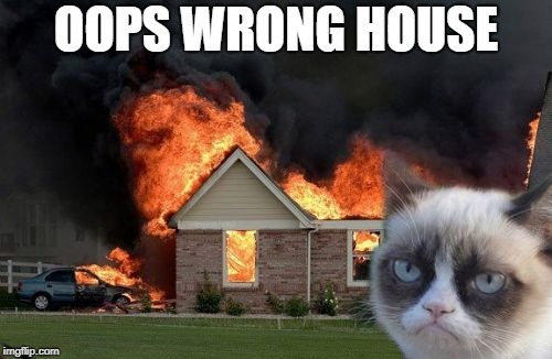 Burn Kitty Meme | OOPS WRONG HOUSE | image tagged in memes,burn kitty,grumpy cat | made w/ Imgflip meme maker