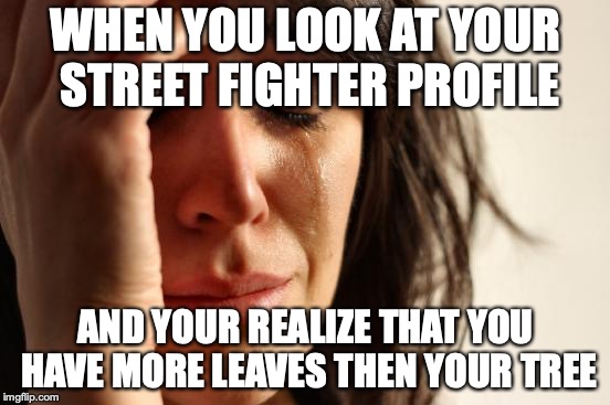First World Problems Meme | WHEN YOU LOOK AT YOUR STREET FIGHTER PROFILE; AND YOUR REALIZE THAT YOU HAVE MORE LEAVES THEN YOUR TREE | image tagged in memes,first world problems | made w/ Imgflip meme maker
