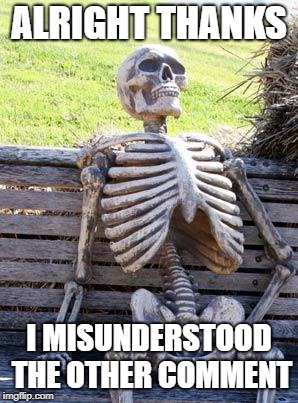 Waiting Skeleton Meme | ALRIGHT THANKS I MISUNDERSTOOD THE OTHER COMMENT | image tagged in memes,waiting skeleton | made w/ Imgflip meme maker