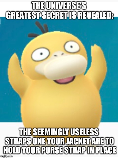 Enlightened Psyduck | THE UNIVERSE'S GREATEST SECRET IS REVEALED:; THE SEEMINGLY USELESS STRAPS ONE YOUR JACKET ARE TO HOLD YOUR PURSE STRAP IN PLACE | image tagged in funny,pokemon | made w/ Imgflip meme maker