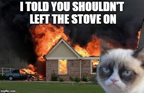 Burn Kitty Meme | I TOLD YOU SHOULDN'T LEFT THE STOVE ON | image tagged in memes,burn kitty,grumpy cat | made w/ Imgflip meme maker