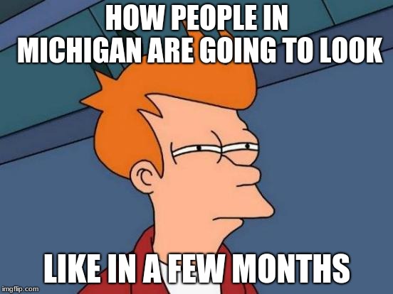 Futurama Fry Meme | HOW PEOPLE IN MICHIGAN ARE GOING TO LOOK; LIKE IN A FEW MONTHS | image tagged in memes,futurama fry | made w/ Imgflip meme maker