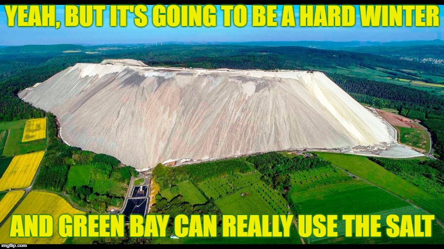 Salty Packers | YEAH, BUT IT'S GOING TO BE A HARD WINTER; AND GREEN BAY CAN REALLY USE THE SALT | image tagged in paackers,green bay,green bay packers,got salt,salty much | made w/ Imgflip meme maker