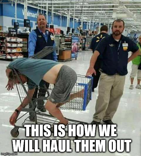 walmart idiot | THIS IS HOW WE WILL HAUL THEM OUT | image tagged in walmart idiot | made w/ Imgflip meme maker