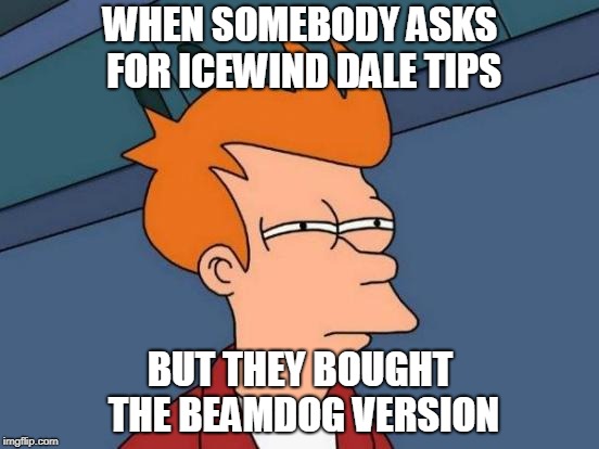 Futurama Fry Meme | WHEN SOMEBODY ASKS FOR ICEWIND DALE TIPS; BUT THEY BOUGHT THE BEAMDOG VERSION | image tagged in memes,futurama fry | made w/ Imgflip meme maker