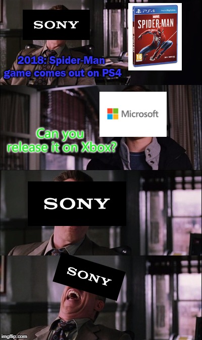 Spiderman Laugh | 2018: Spider-Man game comes out on PS4; Can you release it on Xbox? | image tagged in memes,spiderman laugh | made w/ Imgflip meme maker
