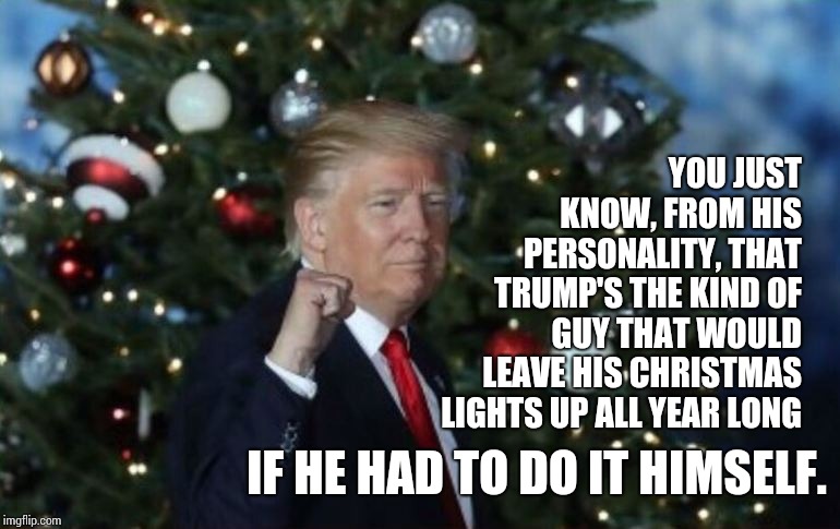 That The Way He Likes It.  Uh Huh, Uh Huh. | YOU JUST KNOW, FROM HIS PERSONALITY, THAT TRUMP'S THE KIND OF GUY THAT WOULD LEAVE HIS CHRISTMAS LIGHTS UP ALL YEAR LONG; IF HE HAD TO DO IT HIMSELF. | image tagged in trump christmas,donald trump is an idiot,fat man on lazyboy,fat man,memes,meme | made w/ Imgflip meme maker