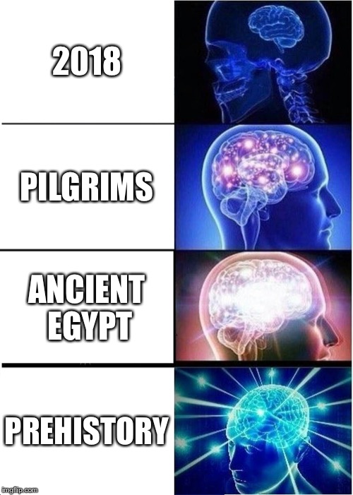 Expanding Brain | 2018; PILGRIMS; ANCIENT EGYPT; PREHISTORY | image tagged in memes,expanding brain | made w/ Imgflip meme maker