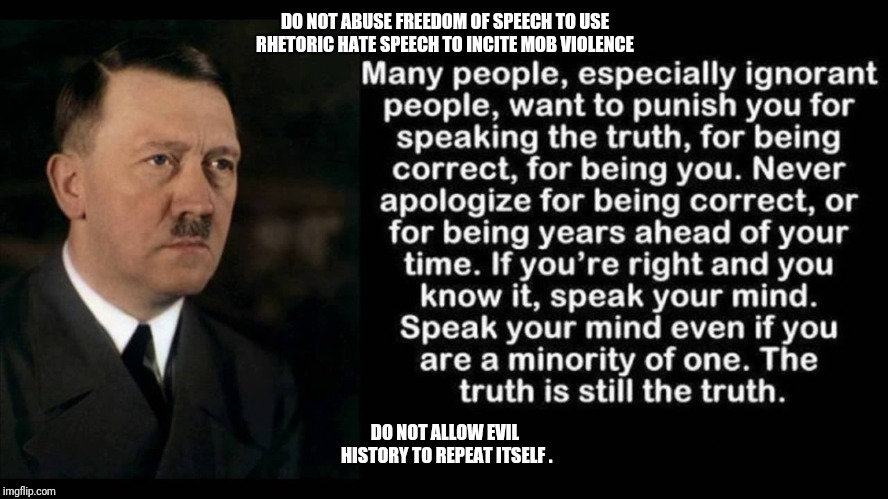 DO NOT ABUSE FREEDOM OF SPEECH TO USE RHETORIC HATE SPEECH TO INCITE MOB VIOLENCE; DO NOT ALLOW EVIL HISTORY TO REPEAT ITSELF . | image tagged in freedomofspeech,trump,hitler | made w/ Imgflip meme maker