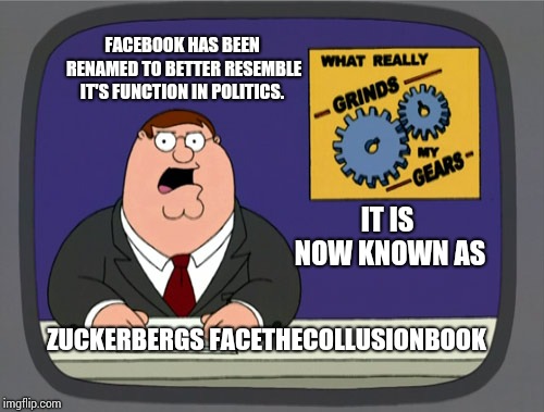Face the Facebook | FACEBOOK HAS BEEN RENAMED TO BETTER RESEMBLE IT'S FUNCTION IN POLITICS. IT IS NOW KNOWN AS; ZUCKERBERGS FACETHECOLLUSIONBOOK | image tagged in memes,peter griffin news,meme,facebook,mark zuckerberg,collusion | made w/ Imgflip meme maker