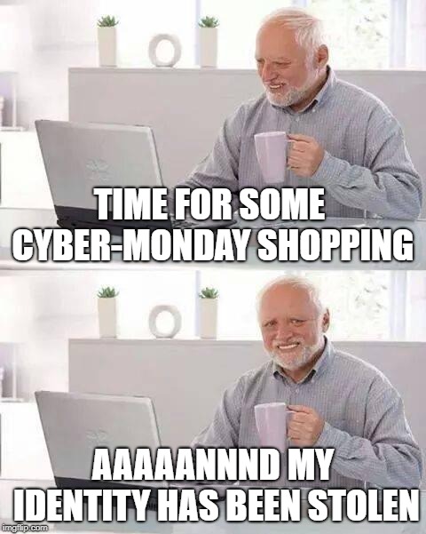 Cyber-punks! | TIME FOR SOME CYBER-MONDAY SHOPPING; AAAAANNND MY IDENTITY HAS BEEN STOLEN | image tagged in memes,hide the pain harold | made w/ Imgflip meme maker