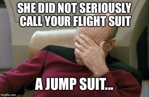 Captain Picard Facepalm | SHE DID NOT SERIOUSLY CALL YOUR FLIGHT SUIT; A JUMP SUIT... | image tagged in memes,captain picard facepalm | made w/ Imgflip meme maker