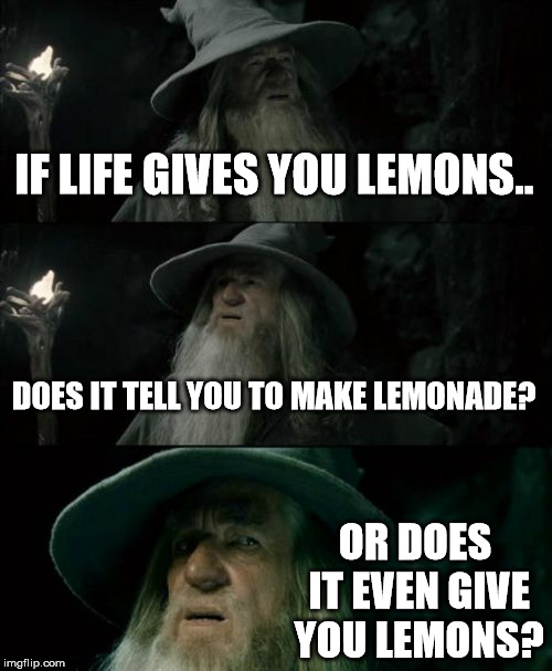 And can you make them into Combustible lemons? | IF LIFE GIVES YOU LEMONS.. DOES IT TELL YOU TO MAKE LEMONADE? OR DOES IT EVEN GIVE YOU LEMONS? | image tagged in memes,confused gandalf,portal 2 | made w/ Imgflip meme maker
