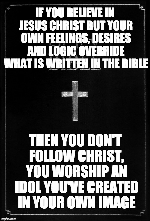holy-bible | IF YOU BELIEVE IN JESUS CHRIST BUT YOUR OWN FEELINGS, DESIRES AND LOGIC OVERRIDE WHAT IS WRITTEN IN THE BIBLE; THEN YOU DON'T FOLLOW CHRIST, YOU WORSHIP AN IDOL YOU'VE CREATED IN YOUR OWN IMAGE | image tagged in holy-bible | made w/ Imgflip meme maker