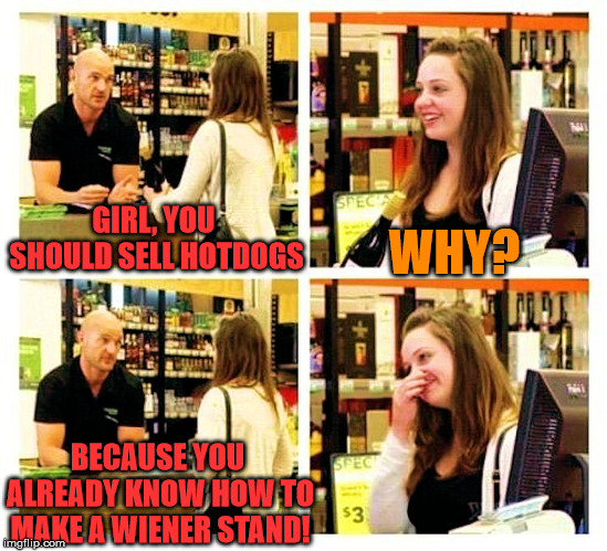 Could get a laugh or a slap. | WHY? GIRL, YOU SHOULD SELL HOTDOGS; BECAUSE YOU ALREADY KNOW HOW TO MAKE A WIENER STAND! | image tagged in come on line,memes,dating,funny,opening,pick up lines | made w/ Imgflip meme maker