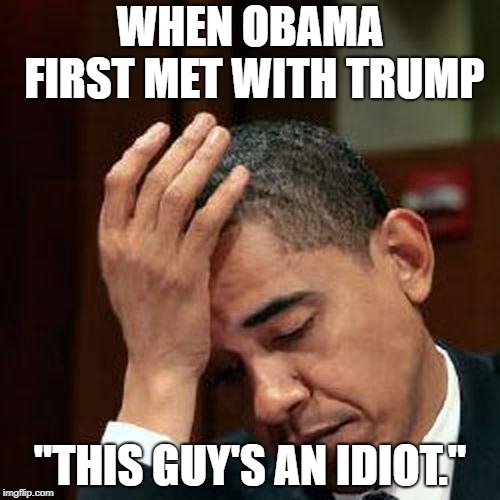 Obama Facepalm 250px | WHEN OBAMA FIRST MET WITH TRUMP; "THIS GUY'S AN IDIOT." | image tagged in obama facepalm 250px | made w/ Imgflip meme maker