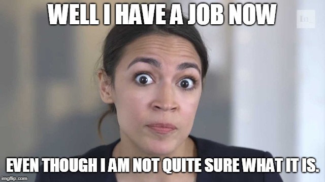 Crazy Alexandria Ocasio-Cortez | WELL I HAVE A JOB NOW EVEN THOUGH I AM NOT QUITE SURE WHAT IT IS. | image tagged in crazy alexandria ocasio-cortez | made w/ Imgflip meme maker