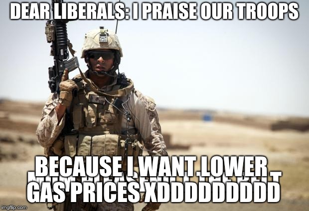 liberals: bruh sound effect #2 | DEAR LIBERALS: I PRAISE OUR TROOPS; MOM PLEASENO T THE BELT; BECAUSE I WANT LOWER GAS PRICES XDDDDDDDDD | image tagged in soldier | made w/ Imgflip meme maker