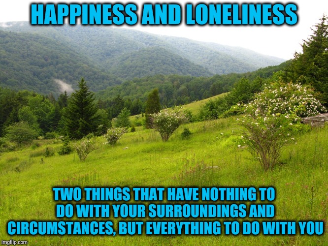 You're in control | HAPPINESS AND LONELINESS; TWO THINGS THAT HAVE NOTHING TO DO WITH YOUR SURROUNDINGS AND CIRCUMSTANCES, BUT EVERYTHING TO DO WITH YOU | image tagged in mountain meadow 1 | made w/ Imgflip meme maker