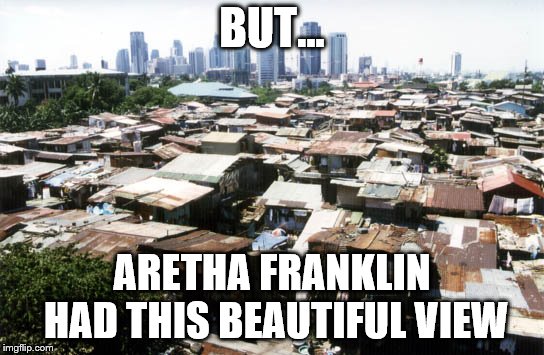 detroit slums | BUT... ARETHA FRANKLIN HAD THIS BEAUTIFUL VIEW | image tagged in detroit slums | made w/ Imgflip meme maker
