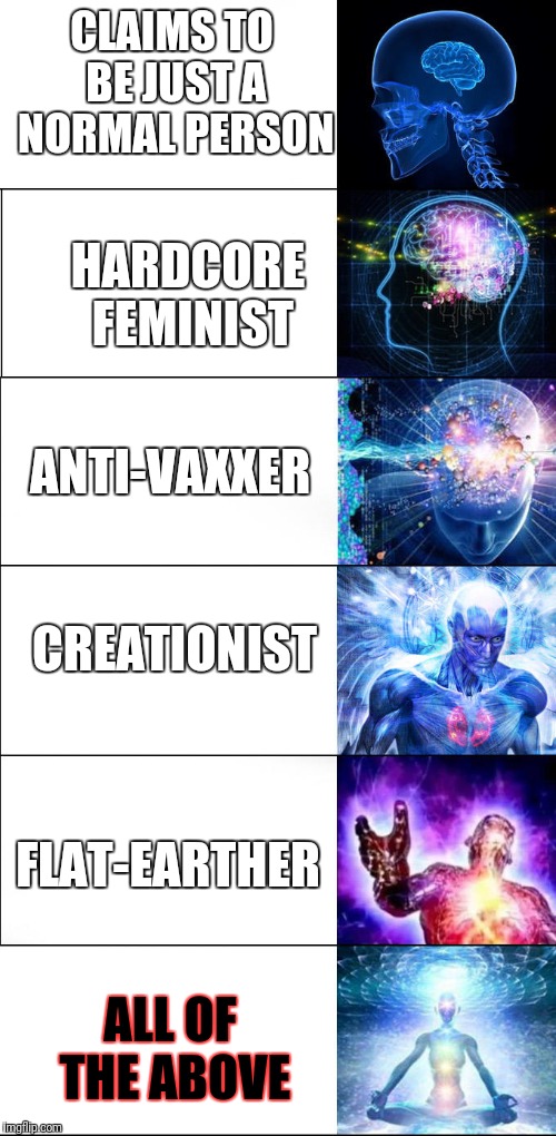 Expanding brain | CLAIMS TO BE JUST A NORMAL PERSON; HARDCORE FEMINIST; ANTI-VAXXER; CREATIONIST; FLAT-EARTHER; ALL OF THE ABOVE | image tagged in expanding brain | made w/ Imgflip meme maker