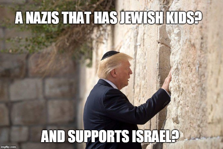 Trump Wailing Wall | A NAZIS THAT HAS JEWISH KIDS? AND SUPPORTS ISRAEL? | image tagged in trump wailing wall | made w/ Imgflip meme maker