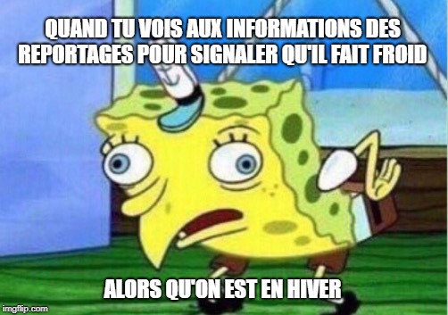 Mocking Spongebob Meme | QUAND TU VOIS AUX INFORMATIONS DES REPORTAGES POUR SIGNALER QU'IL FAIT FROID; ALORS QU'ON EST EN HIVER | image tagged in memes,mocking spongebob | made w/ Imgflip meme maker