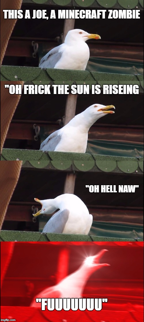 Inhaling Seagull | THIS A JOE, A MINECRAFT ZOMBIE; "OH FRICK THE SUN IS RISEING; "OH HELL NAW"; "FUUUUUUU" | image tagged in memes,inhaling seagull | made w/ Imgflip meme maker