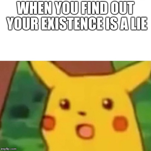 Surprised Pikachu | WHEN YOU FIND OUT YOUR EXISTENCE IS A LIE | image tagged in memes,surprised pikachu | made w/ Imgflip meme maker