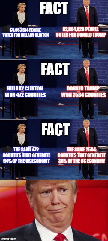 Facts | FACT; 62,984,828 PEOPLE VOTED FOR DONALD TRUMP; 65,853,514 PEOPLE VOTED FOR HILLARY CLINTON; FACT; DONALD TRUMP WON 2584 COUNTIES; HILLARY CLINTON WON 472 COUNTIES; FACT; THE SAME 2584 COUNTIES THAT GENERATE 36% OF THE US ECONOMY; THE SAME 472 COUNTIES THAT GENERATE 64% OF THE US ECONOMY | image tagged in politics,economy,republicans,democrats,election 2016 | made w/ Imgflip meme maker