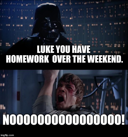 Star Wars No | LUKE YOU HAVE HOMEWORK  OVER THE WEEKEND. NOOOOOOOOOOOOOOOO! | image tagged in memes,star wars no | made w/ Imgflip meme maker
