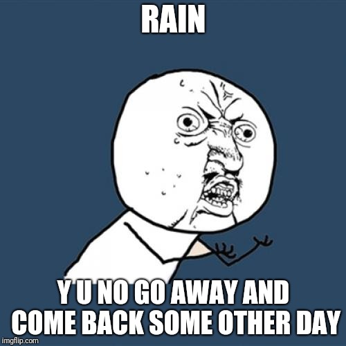 Y U No Meme | RAIN; Y U NO GO AWAY AND COME BACK SOME OTHER DAY | image tagged in memes,y u no | made w/ Imgflip meme maker
